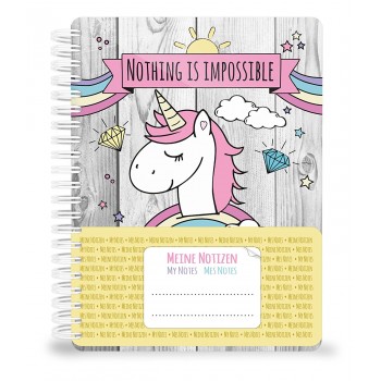 Notizbuch, Tagebuch UNICORN DIN A5 mit einem niedlichen, süßen Einhorn, Regenbogen und Wolken 70 Blatt (80 g/m²)